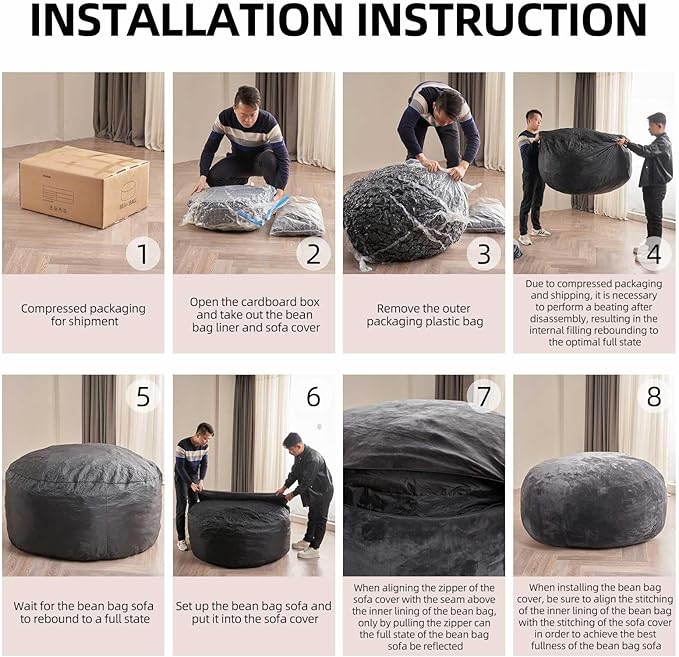 Bean Bag Chair 3Ft, Memory Foam Filled, Large Beanbag Chairs for Adults and Teens, Soft Sofa with Removable Flannel Cover, Round Couch for Living Room Bedroom College Dorm (Dark Gray, 3FT-36×36"×24")