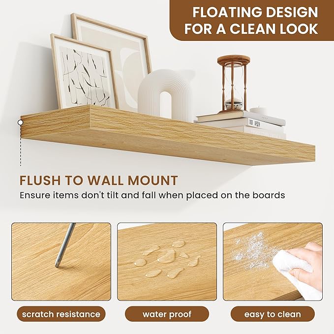 fuqing Floating Shelves for Wall, Bathroom Shelf Wall Mounted for Storage, Shelves with Invisible Bracket for Bedroom, Kitchen, Living Room, Farmhouse Small Book Shelf, 32 Inch Set of 2, Oak