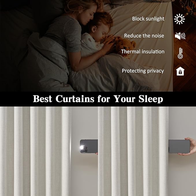 RAIN CITY Linen Blackout Curtain 90 Inches Long 2 Panels Set,Modern Neutral Black Out Hooks Drapes for Sliding Glass Door/Living Room Traverse Back Tab Cottagecore Nursery 50"x90" Natural Birch/Ivory