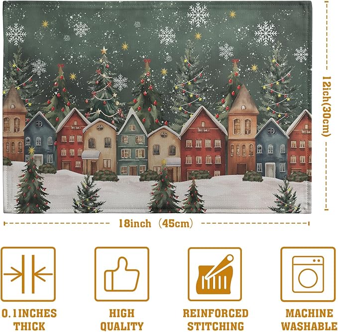 Christmas Placemats 12x18 Inch Set of 4, Winter Xmas Tree Wonderland Forest Village Town House Snowflake Linen Table Mats Washable Place Mats for Party Kitchen Dining Outdoor Indoor Decor