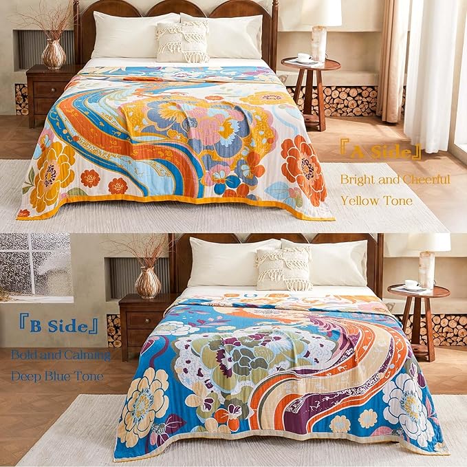 Boho Throw Blanket, Lightweight Blankets for Summer, 100% Cotton Bohemian Decorative Throw Blanket, 80"x90" Reversible Muslin Breathable Woven Farmhouse Blankets Quilt,