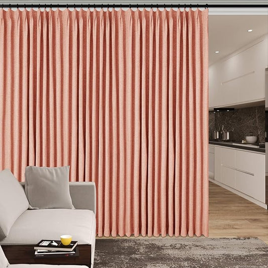 100" W x 96" L Faux Linen Room Divider Curtains, Full Blackout Pinch Pleated Drapes for Traverse Rod, Bedroom Divider Privacy Drapery with Hooks for Ceiling Track, 1 Panel, Orange