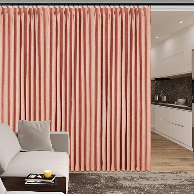 150 Inches Extra Wide Room Divider Draperies, Pinch Pleat Drapes, Absolutely Blackout Sliding Door Drapery, Total Privacy Ceiling Track Curtains, 150" W by 96" L, Orange (1 Panel)