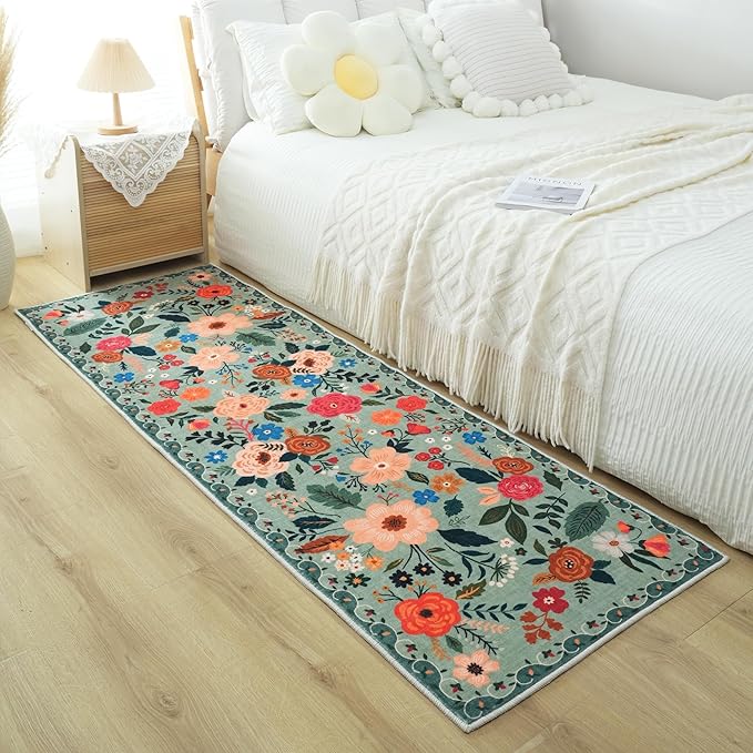 Runner Rug for Hallways Kitchen Rug Non Slip 2'6''x8' Washable Runner Rugs with Rubber Backing Soft Floral Carpet Runner for Hallways, Kitchen, Laundry, Bedroom, Bathroom(Green)