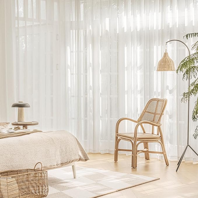 FMFUNCTEX Linen Sheer Curtains for Bedroom, Beige Curtains 63 Inch Length Short Light Filtering Draperies for Living Room, Natural Cream White Light Filtering Farmhouse Curtain Grommet Top 2 Panels