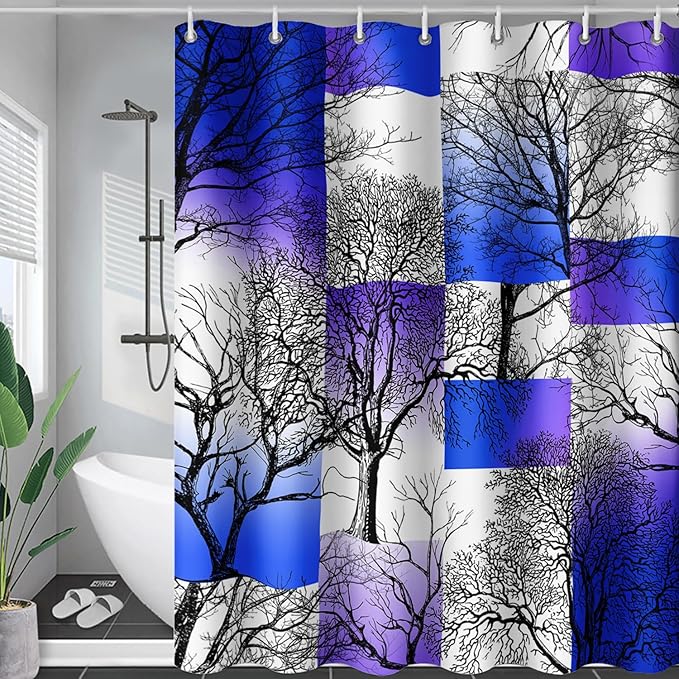AILONEN Blue and White Tree Abstract Shower Curtain,Minimalist Printed Plant Tree Arts Bath Curtain,Modern Boho Waterproof Curtain for Bathroom Decor, 36" W x 72" H