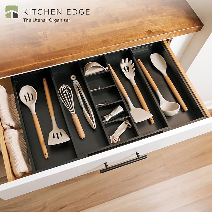 Adjustable Kitchen Drawer Organizer for Utensils and Junk, Food-Safe Contract Grade with 100% Sustainable Wood, Expandable from 16 to 28 Inches Wide - Black Bamboo