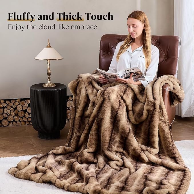 Luxury Faux Fur Blanket - Soft Warm Plush Blankets for Couch Sofa Bed, Fluffy Thick Throws for Bedroom, Office, Living Room, Decorative Reversible, Not Easy to shed - 50"x60", Brown