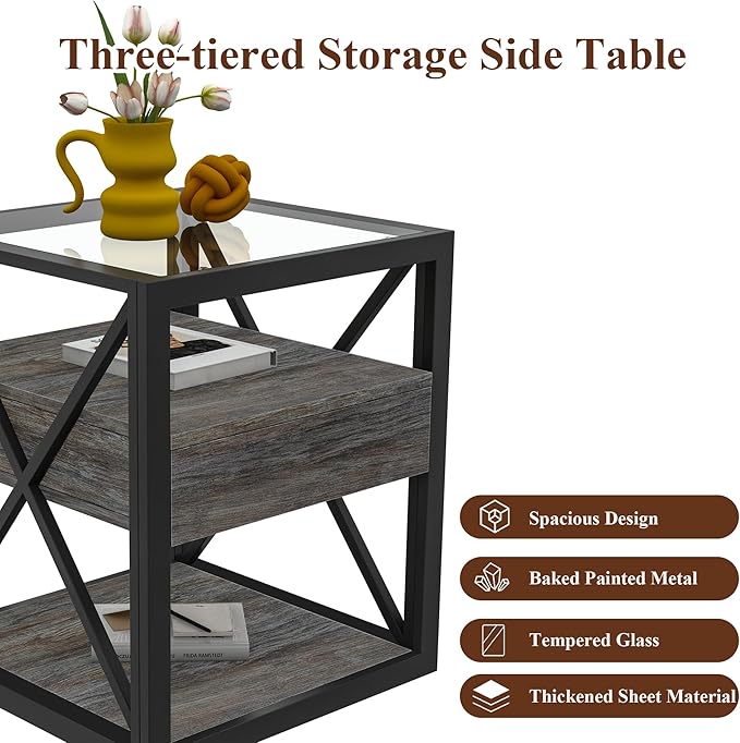 Farmhouse End Table Set of 2, Modern Side Table with Drawer&3-Tier Storage Shelf, Square Rustic Nightstand, Accent Tea Table, for Bedroom Office Living Room, Grey, Natural Wood, Glass, Metal