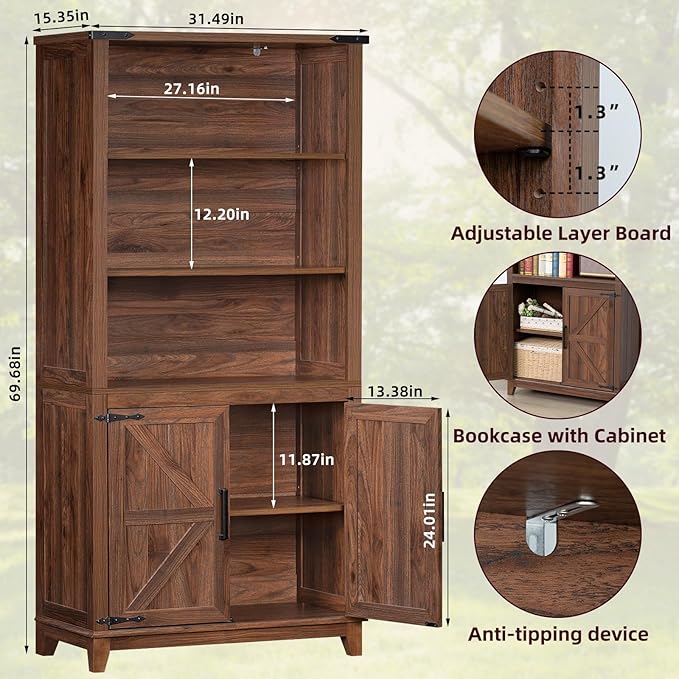 70in Tall Bookshelf 5 Tier Bookcase with Barn Doors and Adjustable Shelves, Brown Farmhouse Book Shelf with Storage Cabinet, Wood Freestanding Display Bookshelves for Bedroom, Kitchen (2PCS)