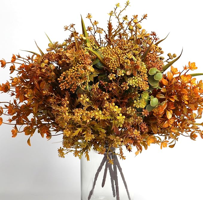 6 Bundles Artificial Fall Flowers, Autumn Decorations Leaves Greenery Shrubs for Thanksgiving Home Kitchen Room Farmhouse Floral Arrangements Indoor Outdoor Wedding Party Fireplace Fall Mixed Color