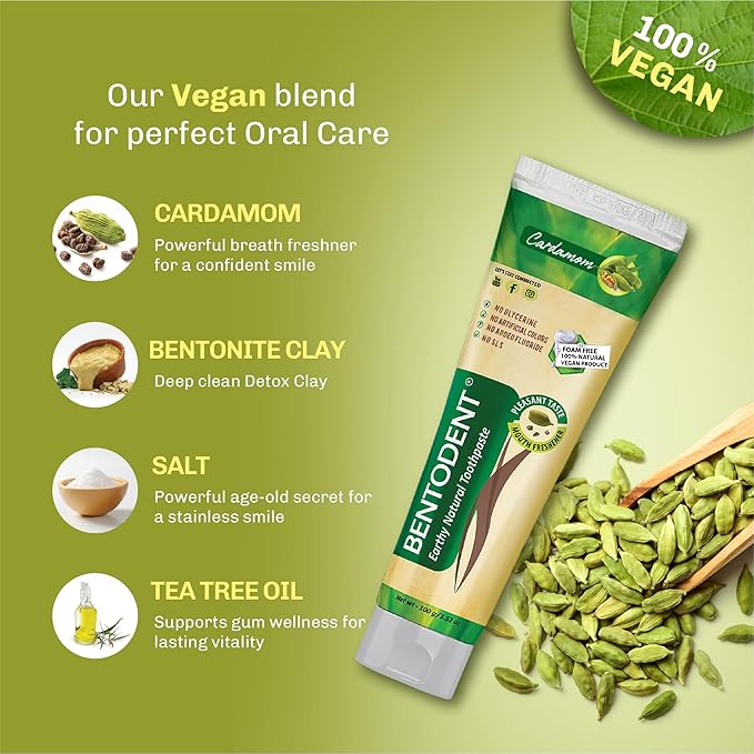 BENTODENT Fluoride Free Remineralizing Calcium Bentonite Clay Toothpaste - Cardamom Flavor Natural Toothpaste, Mint-Free, 3.52 oz - Ideal for Sensitive Teeth & Whitening with Toothbrush