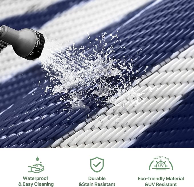GENIMO Outdoor Rug Waterproof for Patio Decor, 8'x10' Foldable Reversible Plastic Straw Carpet for Travel Trailers, Outside Area Mat for Rv, Deck, Picnic, Porch, Camper, Balcony, Beach, Blue & White