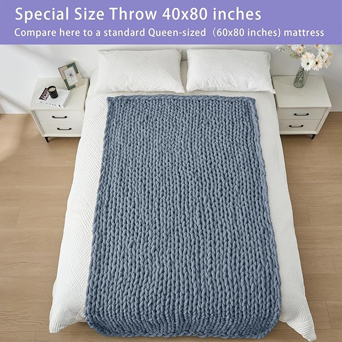 Bigacogo Chunky Knit Throw Blanket for Couch, 40x80 inches, 100% Hand Knitted with Thick Jumbo Chenille Yarn, Cozy Soft Large Rope Knot Cable Crochet Blankets for Sofa Bed Living Room, Cold Sea Blue