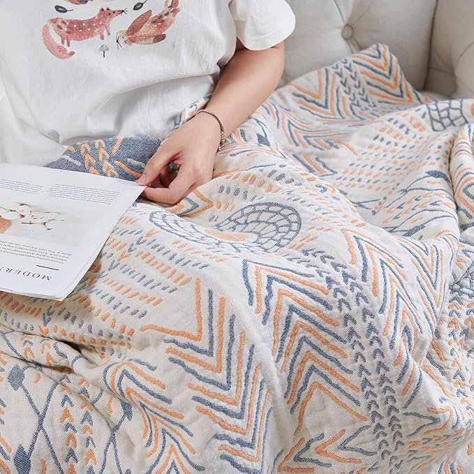 jinchan Boho 100% Cotton Muslin 50x60 Throw Blanket Lightweight 4-Layer Orange Multi Reversible Blanket Washable Breathable Decorative Geometric Striped Pattern Soft Comfy for Couch Bed All Seasons