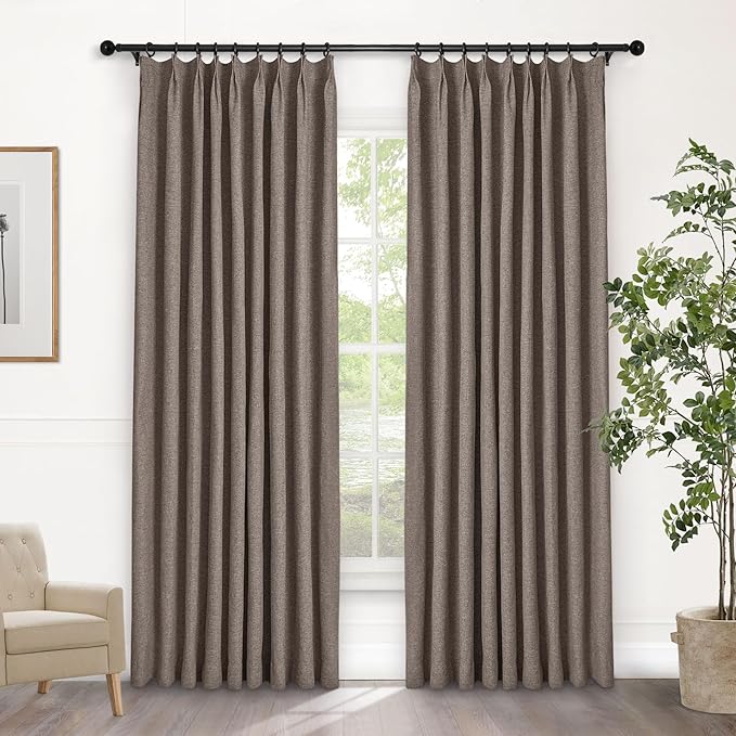 Macochico 100% Blackout Light Coffee Linen Curtains 84 Inches Long Pinch Pleated Burlap Curtains for Bedroom Living Room Farmhouse Nursery Thermal Window Panels with Tieback 72”Wx84”L 1 Panel
