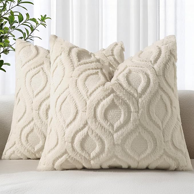 decorUhome Fall Throw Pillow Covers 18x18 Inch Set of 2, Soft Plush Decorative Faux Fur Beige Solid Couch Pillow Covers, Accent Farmhouse Neutral Square Euro Pillow Cases for Sofa Bed Living Room