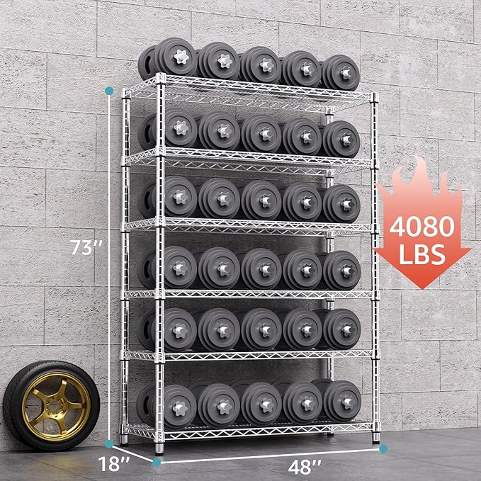 4080 lbs Steel Storage Shelving 6-Tier Utility Shelving Unit Steel Organizer Wire Rack for Home,Kitchen,Office,Garage, 17.7" D x 47.2" W x 72.3" H