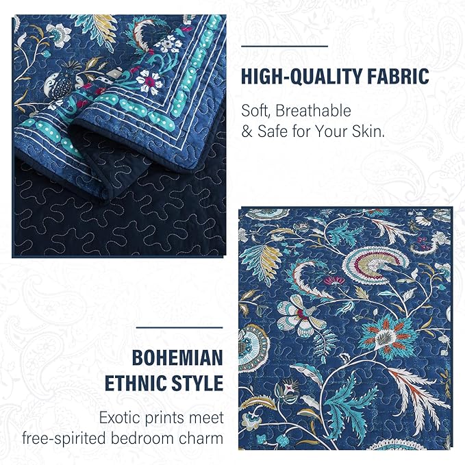 NEWLAKE Quilt Set King Size, Bedspread Sets Blue Botanical Floral Patterns, Reversible Quilt Bedding Set Lightweight and Breathable for All Seasons, Soft Quilted Bedspread with 2 Pillow Shams