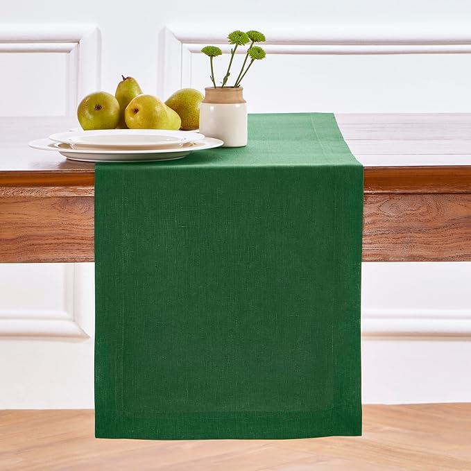 Solino Home Linen Pine Green Table Runner 90 Inches Long - 100% Pure Linen 14 x 90 Inch Table Runner for Fall, Autumn, Thanksgiving - Fete