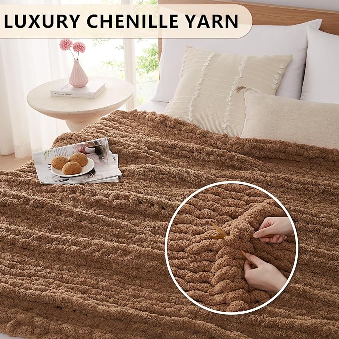L'AGRATY Chunky Knit Blanket - Soft Chenille Yarn Throw - 60x80: Handmade Thick Cable Knit Crochet Blanket for Couch, Sofa, Bed & Home Decor