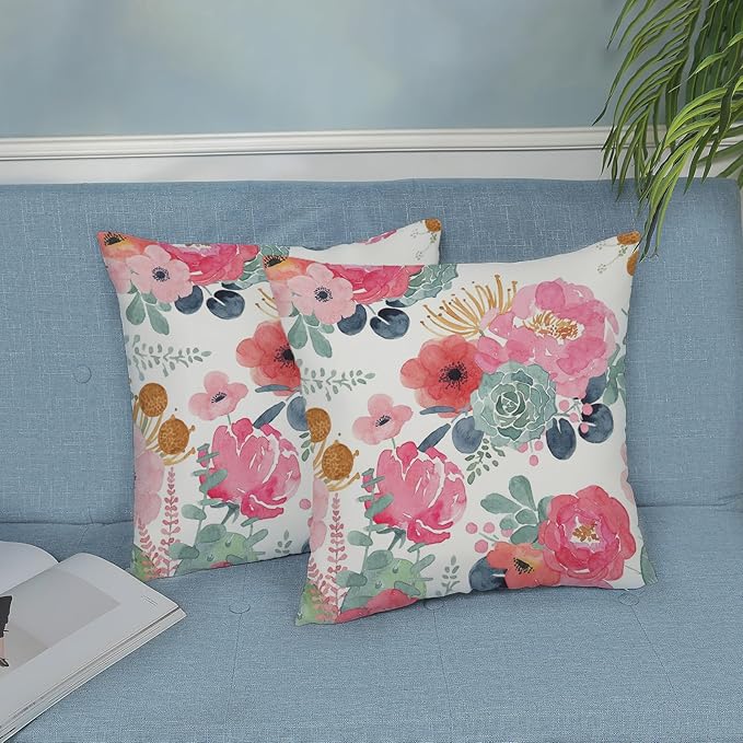 CXMEIFLY Spring Floral Pillow Covers 18 x 18 Inch Set of 2 for Watercolor Pink Flowers Decor Throw Pillows Green Leaves Plant Outdoor Decorative Cushion Cases with Zipper for Couch Bed Decorations