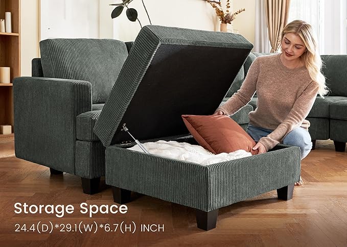 Nolany Sectional Couch with Storage Ottoman, Corduroy Sleeper Sectional Sofa with Chaise, Modular Sectional Couches for Living Room, Green