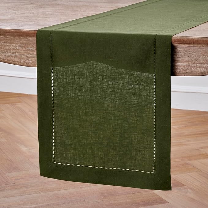 Solino Home Linen Table Runner 60 Inches - 100% Pure Linen Olive Hemstitch Table Runner 14 x 60 Inch Ideal for Dresser and Coffee Tables - Classic Hemstitch - Thanksgiving