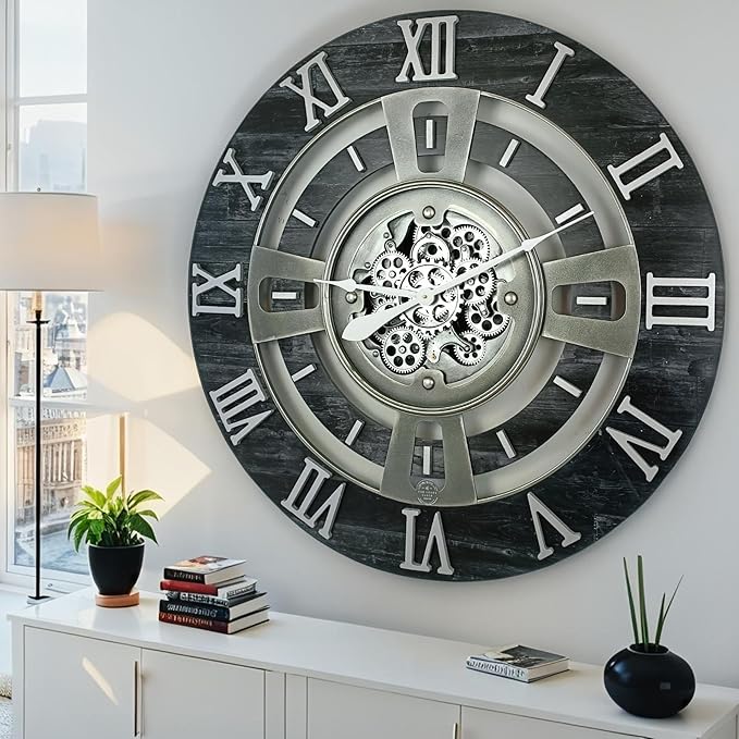 The Gears Clock Real Moving Gear Wall Clock England Line (Vintage Black, 36 inches (90 cm))