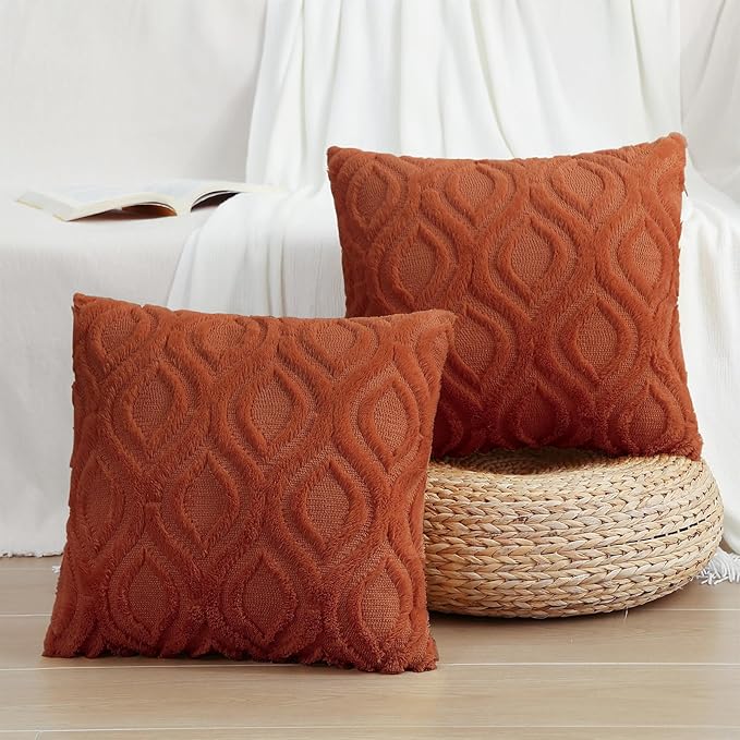 decorUhome Fall Throw Pillow Covers 18x18 Inch Set of 2, Soft Plush Decorative Faux Fur Rust Solid Couch Pillow Covers, Accent Farmhouse Neutral Square Euro Pillow Cases for Sofa Bed Living Room