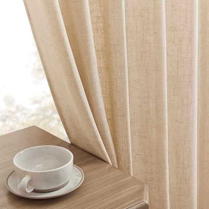 Joydeco Linen Curtains 96 Inch Length 2 Panel Sets,Light Filtering Curtains for Bedroom 52 Inch Wide Living Room Drapes with Back Tabs & Rod Pockets (W52 x L96 Inch, Ecru)