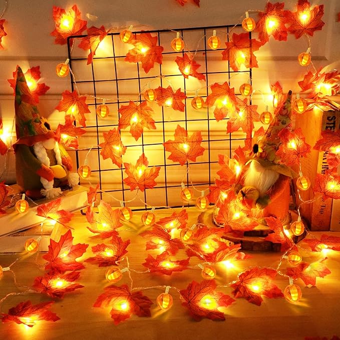 2 Pack Fall Garland with Pumpkin Lights Halloween Decorations Indoor 60 LED 20 Ft Enlarged Maples Leaves Fall Lights Battery Operated Halloween Garland Thanksgiving Decor Home Indoor Outdoor Christmas