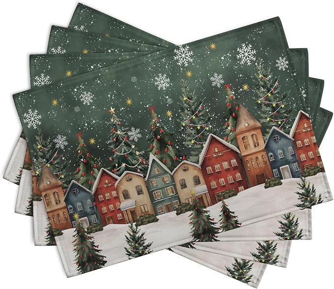 Christmas Placemats 12x18 Inch Set of 4, Winter Xmas Tree Wonderland Forest Village Town House Snowflake Linen Table Mats Washable Place Mats for Party Kitchen Dining Outdoor Indoor Decor