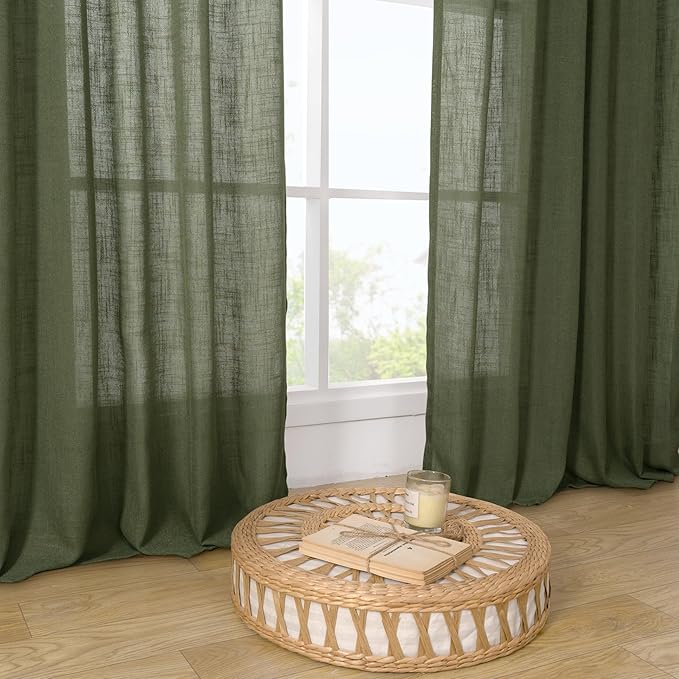 LAMIT Olive Green Linen Curtains 84 inch Length, Soft Linen Textured Light Filtering Semi Sheer Panels with Bronze Grommet for Bedroom/Living Room, 2 Panels, 34 x 84 Inch