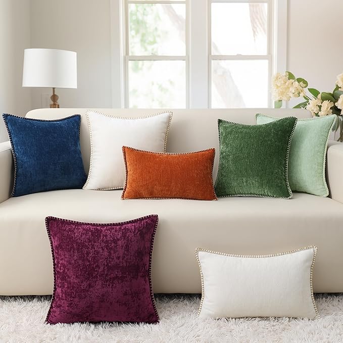 decorUhome Chenille Soft Throw Pillow Covers 20x20 Set of 2, Farmhouse Velvet Neutral Decorative Euro Pillow Covers with Stitched Edge for Couch Sofa Bed Home Decor, Beige