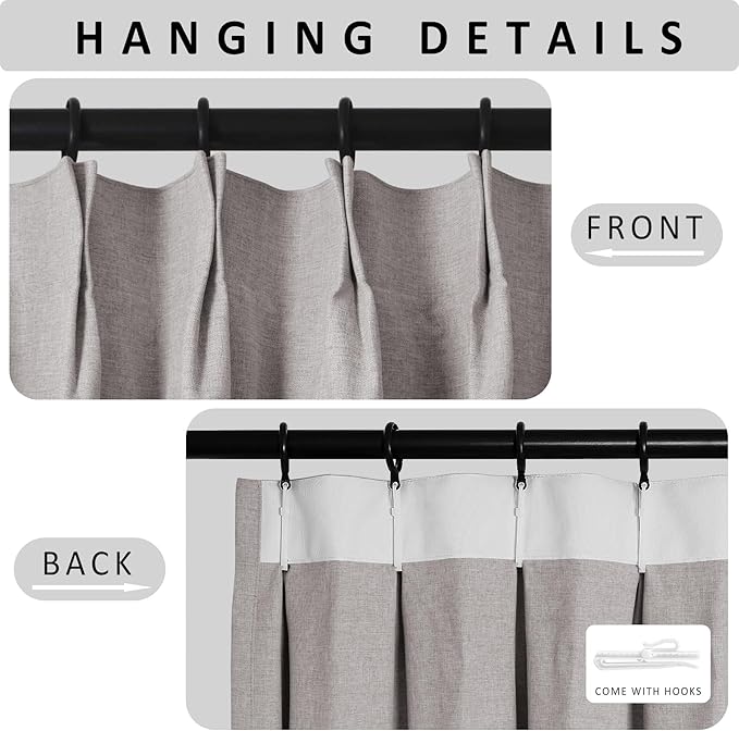 Macochico 120”Wx102”L 100% Blackout Linen Curtains Pinch Pleated Thermal Panels for Sliding Door Bedroom Living Room Farmhouse Shabby Chic Browish Grey Burlap Curtains with Tieback 1 Panel