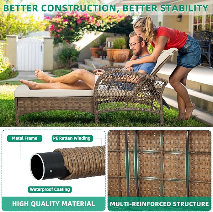VIVIJASON Outdoor Wicker Chaise Lounge Chair, All-Weather PE Rattan Cushioned Patio Lounger Set with Side Table, 6-Position Adjustable Outside Pool Sunbathing Recliner with Armrest & Pillow, Beige