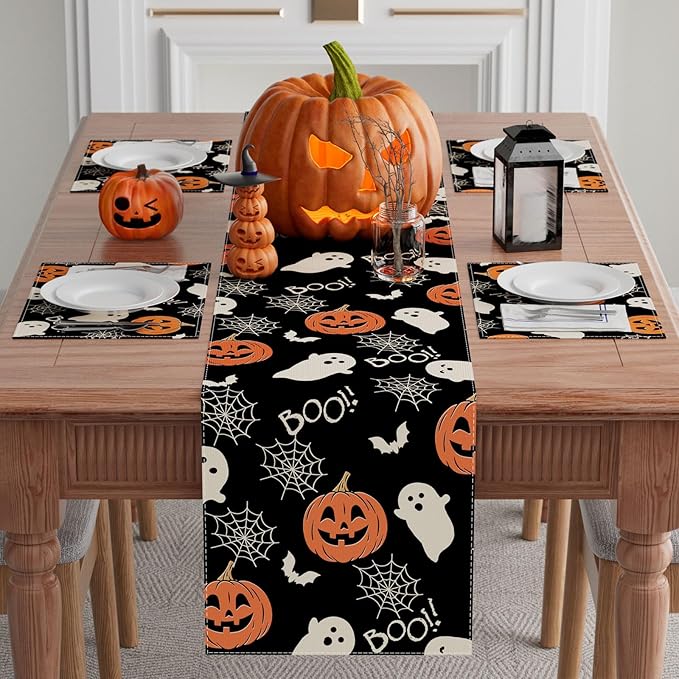 XCHI Boo Spooky Ghost Pumpkin Halloween Table Runner Burlap Table Decoration for Home Kitchen Dining Dinner Indoor Holiday Farmhouse Decor 13x36 Inch
