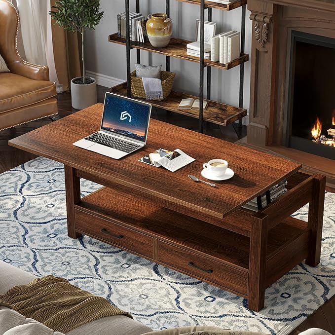 Rolanstar Coffee Table, Lift Top Coffee Table with Drawers and Hidden Compartment, Retro Central Table with Wooden Lift Tabletop, for Living Room,Espresso