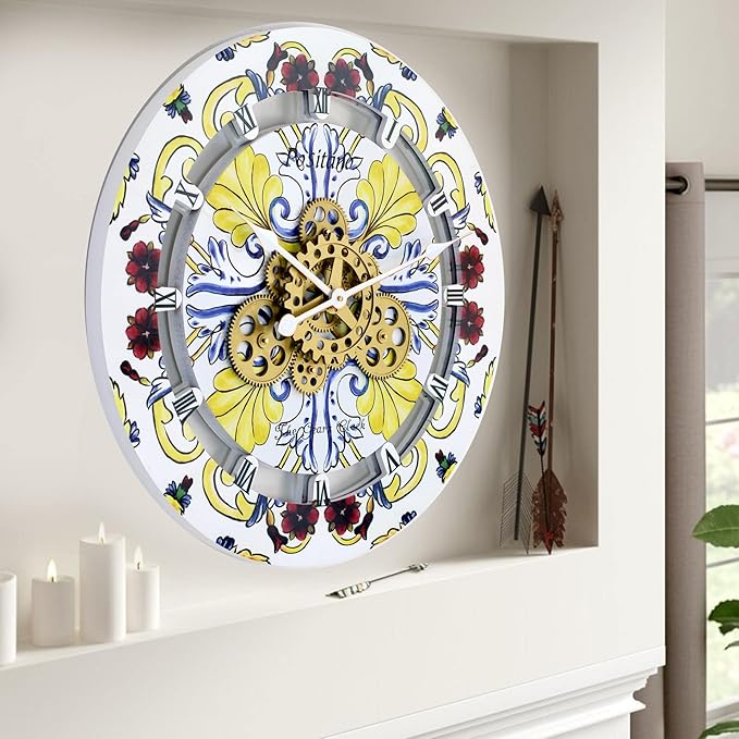 The Gears Clock Wall Clock Italy Collection with Moving Gears (Positano, 24 inch Round)