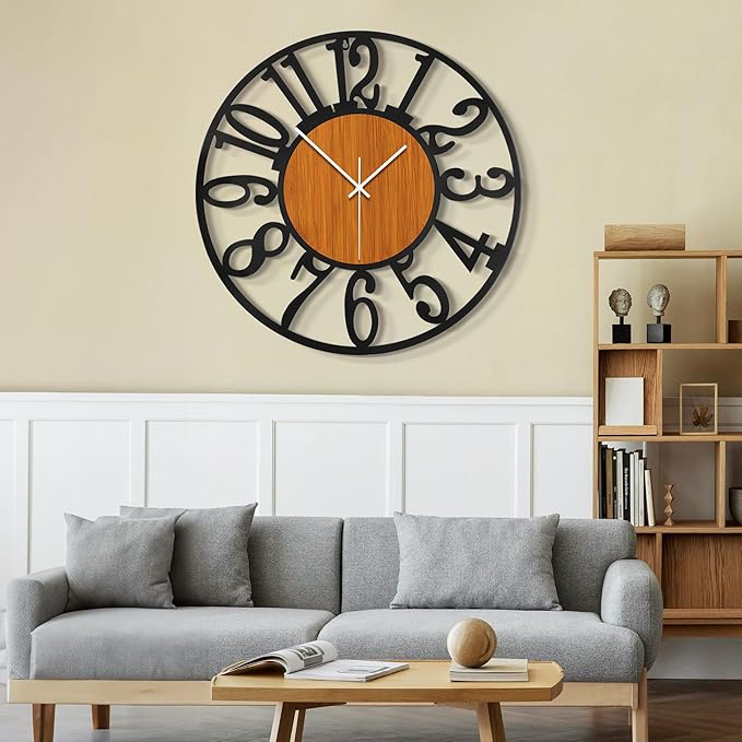 LEIKE 30" Oversized Large Wall Clocks,Silent,Non Ticking,Battery Operated Modern Round Big Wood Decorative Metal Wall Clock for Living Room, Bedroom,Kitchen,Farmhouse,Office Decor - Black,30 Inch