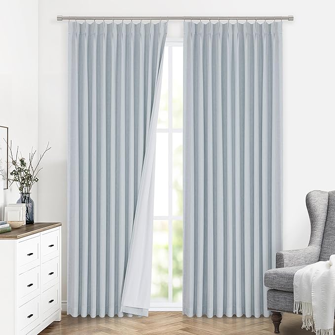 Vision Home Blue Fog Pinch Pleated Full Blackout Curtains Linen Blended Room Darkening Window Curtains 90 inch for Living Room Bedroom Thermal Insulated Pinch Pleat Drapes with Hooks 1 Panel 60"Wx90"L