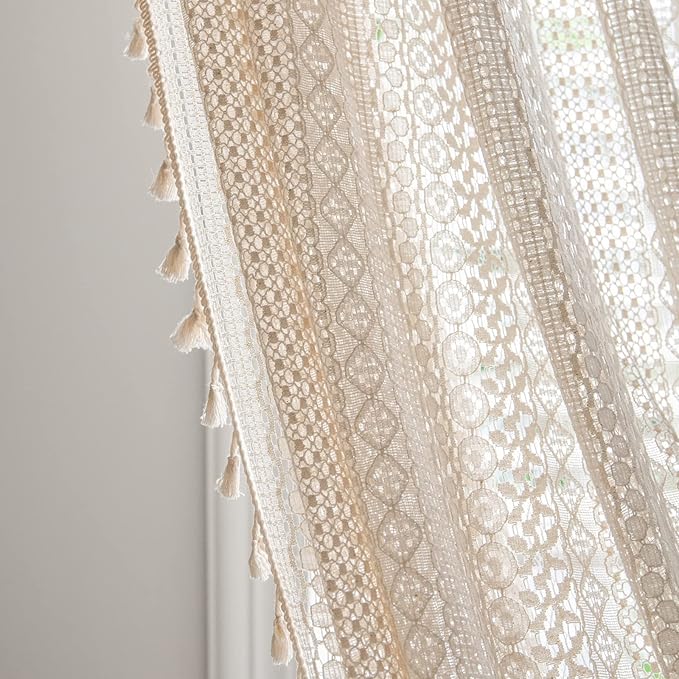 Sutuo Home Boho Curtains Crochet Lace Semi-Sheer Bohemian Hollow Knitted Handmade Tassels, Rod Pocket Window Treatment Vintage Rustic Farmhouse Drapes for Living Bedroom, 1 Panel 59" W x 72" L, Beige