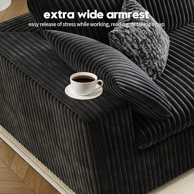 118" Cloud Couch Modular Sectional Sofa for Living Room,Modern Sofa with Deep Seat，L-Shape Boneless Couch with Ottoman,Comfy Upholstered Corduroy Couches for Apartment, Studio, Office,Bedroom，Black
