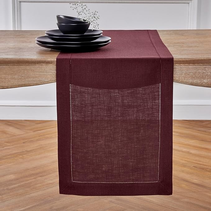 Solino Home Linen Table Runner 48 Inches - 100% Pure Linen Burgundy Hemstitch Table Runner 14 x 48 Inch Ideal for Dresser and Coffee Tables - Fall, Autumn, Thanksgiving - Classic Hemstitch