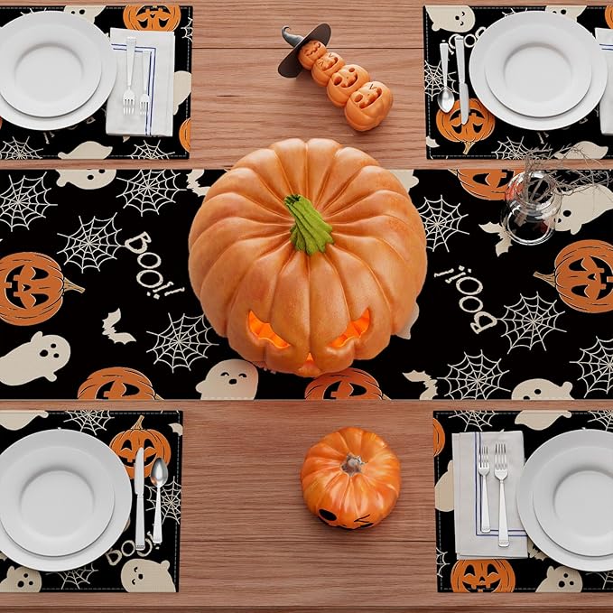 XCHI Boo Spooky Ghost Pumpkin Halloween Table Runner Burlap Table Decoration for Home Kitchen Dining Dinner Indoor Holiday Farmhouse Decor 13x36 Inch