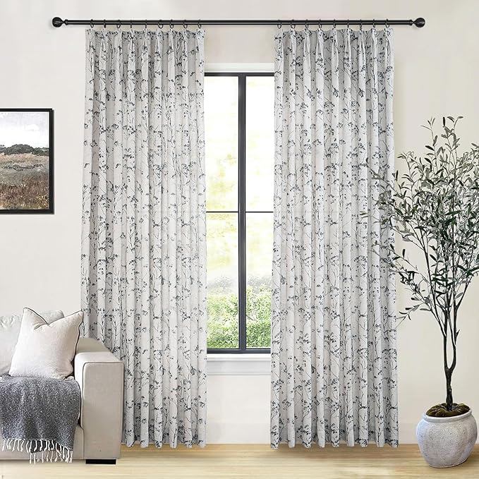 Pinch Pleated Floral Linen Curtains 2 Panels Elegant Light Filtering Privacy Drape,60 Inch Wide by 92 Inch Long Curtains Suitable for Living Rooms and Bedrooms