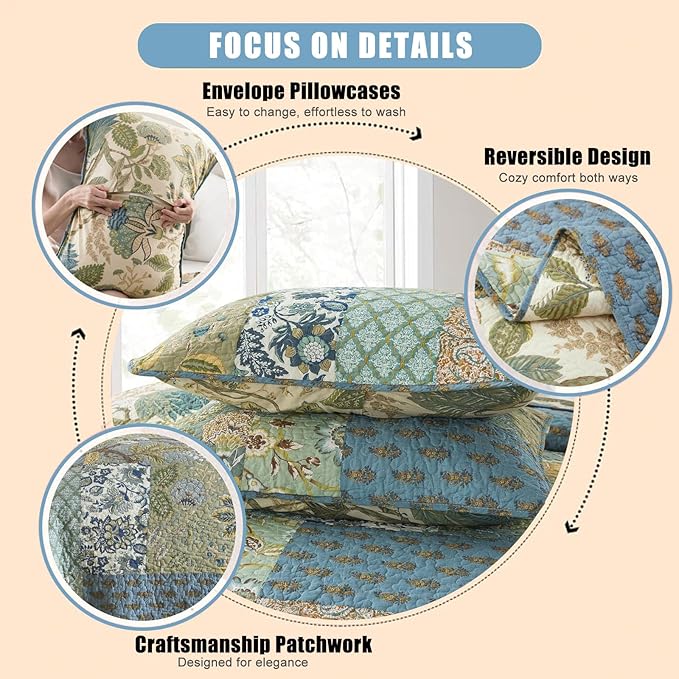 NEWLAKE Quilt Set Queen Size, 100% Cotton Patchwork Green Bohemian Quilt Sets, Reversible Bedspread Lightweight and Breathable for All Seasons, Soft Quilted Bedspread with 2 Pillow Shams