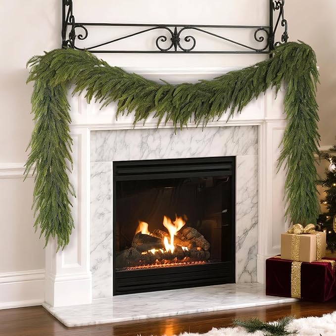 9FT Christmas Norfolk Pine Garland -2PCS, Artificial Pine Needles Garlands Faux Greenery Fake Garland for Holiday Fireplace,Table,Window,Stairs,Mante,Indoor Outdoor Decor
