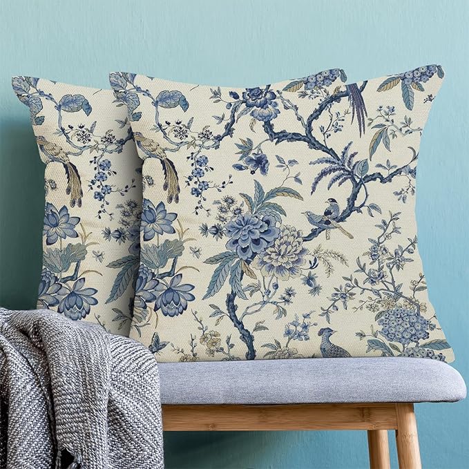 CXMEIFLY Spring Floral Birds Pillow Covers 22 x 22 Inch Set of 2 for Chinoiserie Flowers Decor Throw Pillows Blue and White Plant Outdoor Decorative Cushion Cases for Couch Bed Decorations